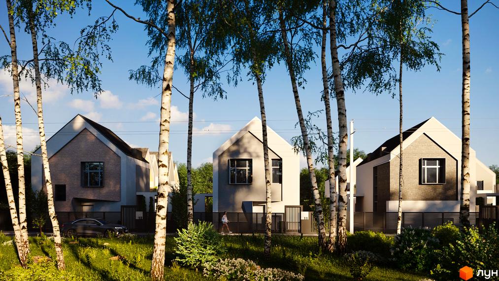 Котеджне містечко КМ Голландський квартал. Будинки з сірої цегли та білої штукатурки з трикутними дахами, оточені зеленню та деревами.