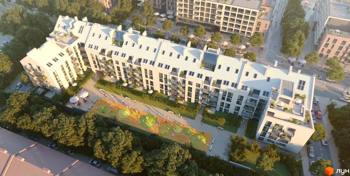 Житловий комплекс FEEL HOUSE з білими фасадами, балконами та терасами, розташований біля зеленої зони з дитячим майданчиком.