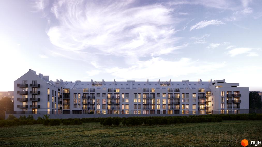 Зовнішній вигляд новобудови ЖК FEEL HOUSE з балконами та вікнами, що виходять на зелену галявину.