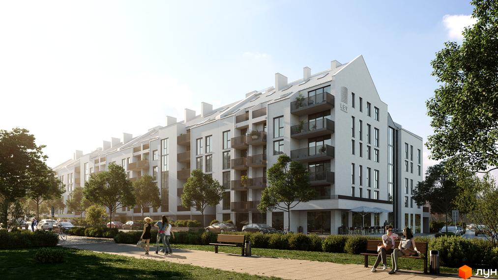 Житловий комплекс FEEL HOUSE з білої цегли з численними балконами та панорамними вікнами. Навколо комплексу зелена зона з деревами та пішохідною доріжкою.