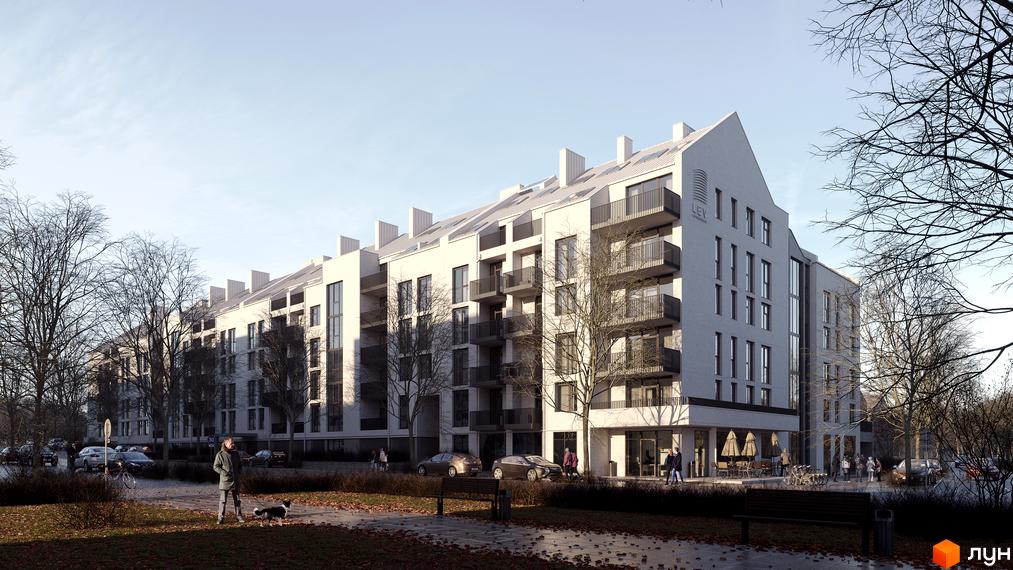 Новобудова ЖК FEEL HOUSE з балконами та вікнами, розташована біля парку з деревами та лавками.