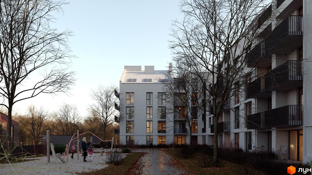 Житловий комплекс FEEL HOUSE з білої цегли з балконами та дитячим майданчиком. Сучасна архітектура новобудови FEEL HOUSE.