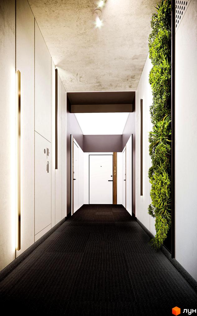 Інтер'єр коридору в Житловому комплексі Life Story з рослинами на стіні та дверима в кінці. Темний килим на підлозі.