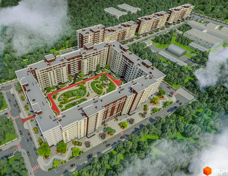 Житловий комплекс PARKLAND складається з багатоповерхових будинків зі світлими фасадами та коричневими акцентами. Навколо розташовані зелені насадження та облаштований двір з парком.