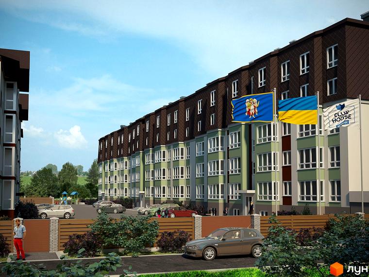 Зовнішній вигляд новобудови ЖК Club House з зеленими фасадами та коричневим дахом. На території розташовані парковка та дитячий майданчик.