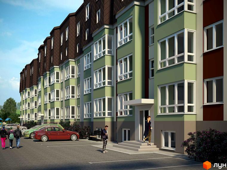 Зовнішній вигляд житлового комплексу Club House з зеленими фасадами та коричневим дахом, парковка та люди на фоні.