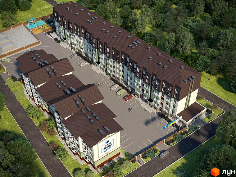 Житловий комплекс Club House з багатоповерховими будинками та прибудинковою територією з парковкою та дитячим майданчиком.