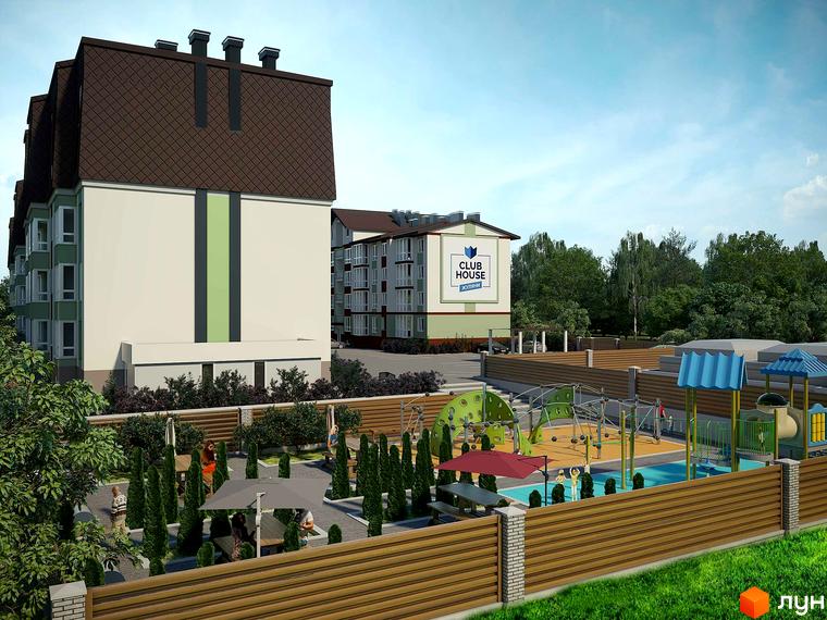 Житловий комплекс Club House з фасадом біло-зеленого кольору та коричневим дахом. Поруч розташований дитячий майданчик з гірками та басейном.
