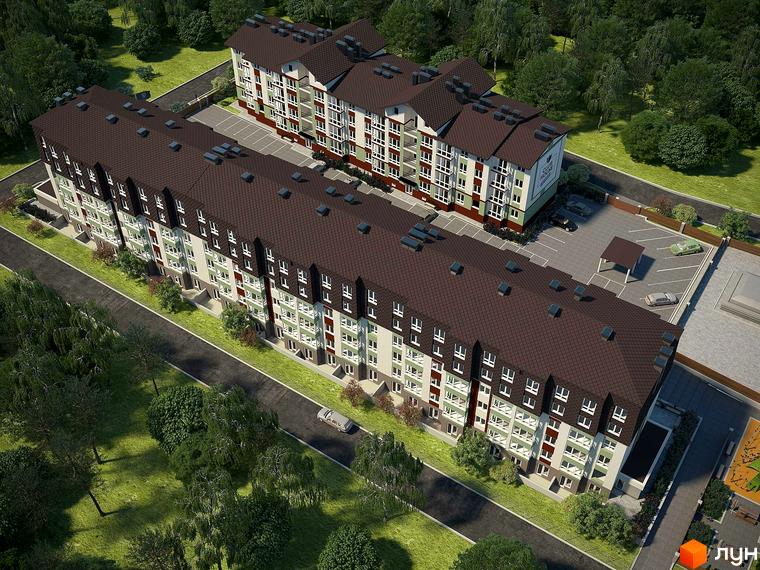 Житловий комплекс Club House - це багатоповерхові будинки з коричневим дахом та світлими фасадами, розташовані серед зеленої зони з парковкою та доріжками.