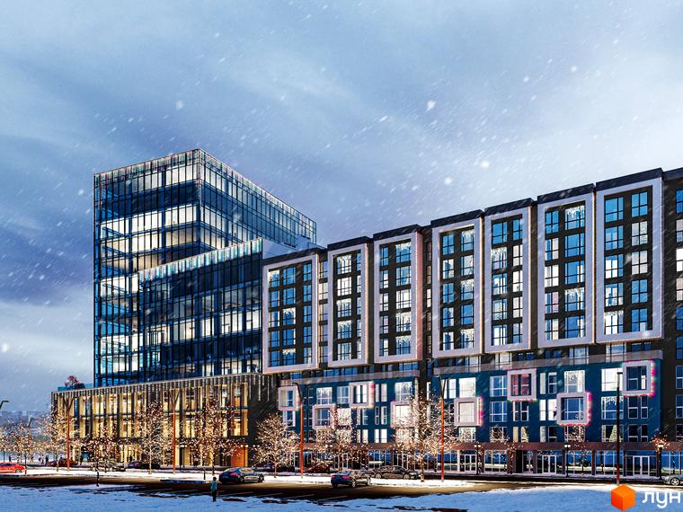 Зимовий вигляд багатоповерхового будинку ЖК Washington City з великими вікнами та освітленням. На передньому плані прибудинкова територія з деревами та снігом.