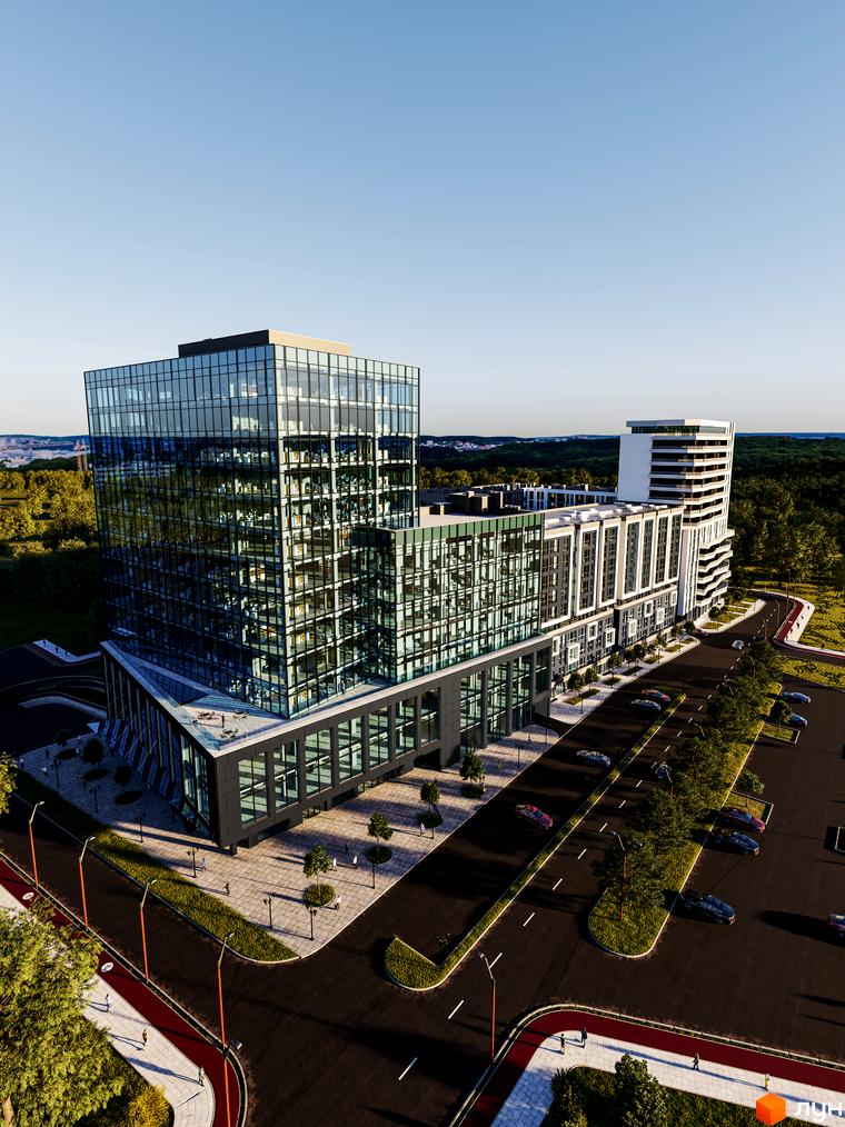 Висотна будівля ЖК Washington City з скляним фасадом та прилеглою територією з парковкою, пішохідними доріжками та зеленими насадженнями.