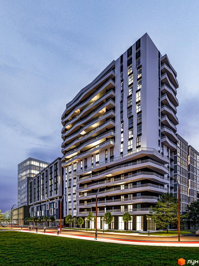 Висотна новобудова Washington City з великими балконами та панорамними вікнами. На прибудинковій території зелена трава, дерева та освітлення.