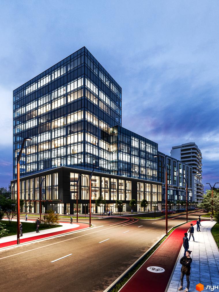 Висотна будівля ЖК Washington City з панорамним склінням. На передньому плані облаштована прибудинкова територія з пішохідними доріжками та велодоріжкою.