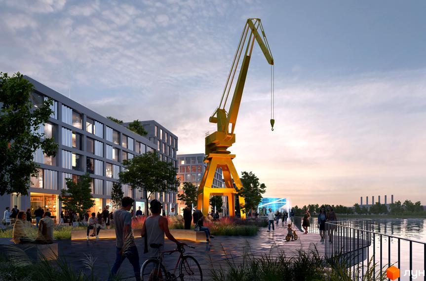 Новобудова Новий Поділ - сучасний житловий комплекс з великим краном на набережній. Територія комплексу облаштована для відпочинку та прогулянок біля води.