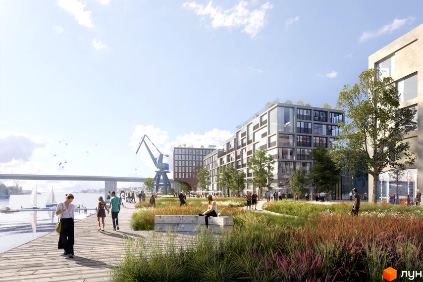 Новий Поділ: комплекс з панорамними вікнами та зеленою зоною біля води. Набережна з пішохідною зоною, людьми та краном.
