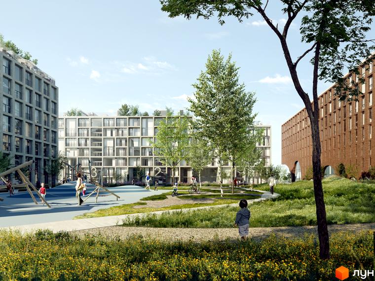 Новий Поділ – житловий комплекс з сірими та цегляними фасадами. На території розташований дитячий майданчик та зелені зони з деревами.