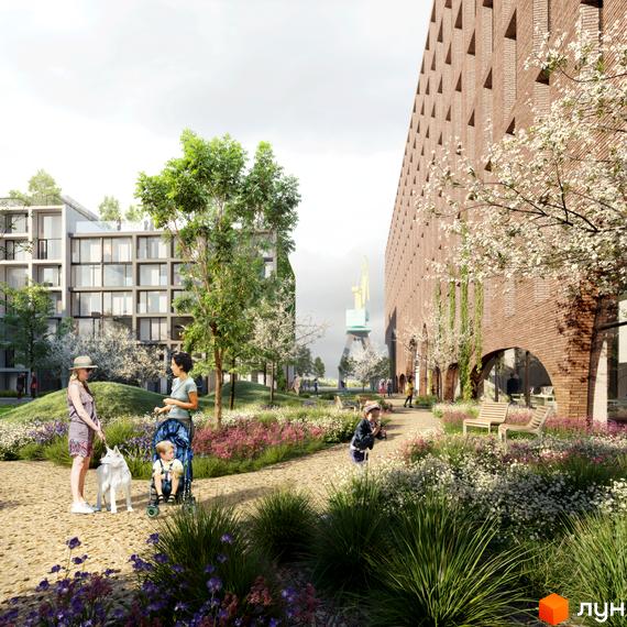 Новобудова Новий Поділ: цегляна будівля з арками та багатоповерховий будинок з вікнами. Прибудинкова територія з алеями, квітами, деревами та зонами відпочинку.