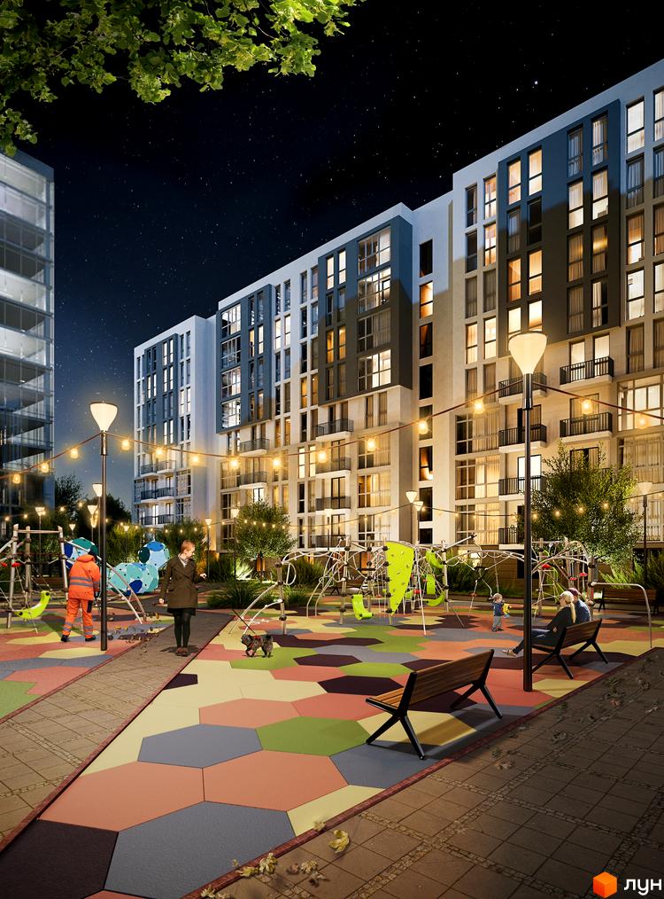 Багатоповерховий будинок ЖК Washington City з підсвічуванням вікон. На території дитячий майданчик з різнокольоровим покриттям, лавочки та ліхтарі.