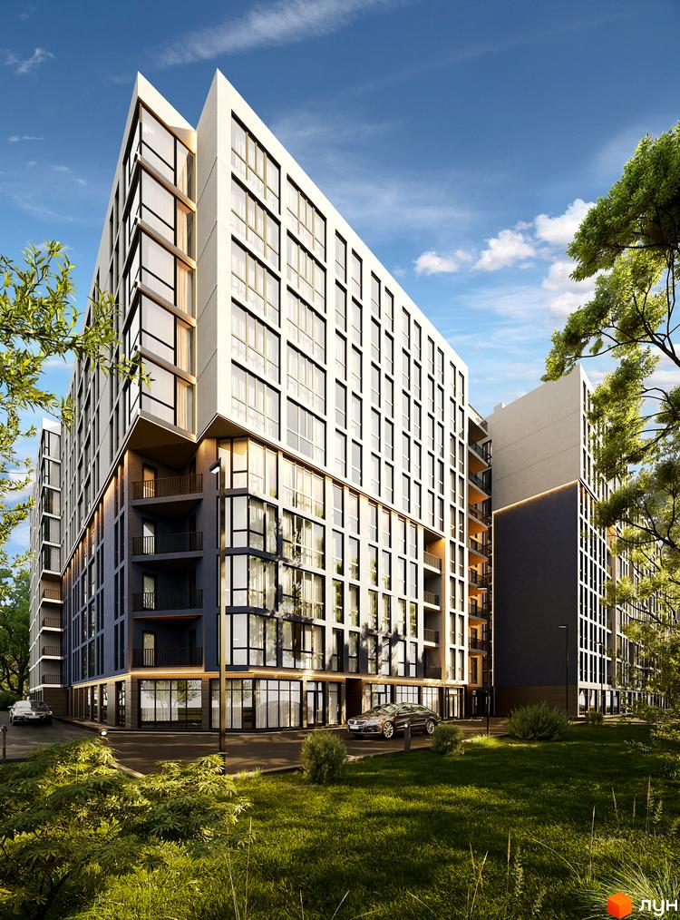 Зовнішній вигляд новобудови ЖК Washington City з великою кількістю вікон та балконів. Навколо будинку зелена зона з деревами та травою.
