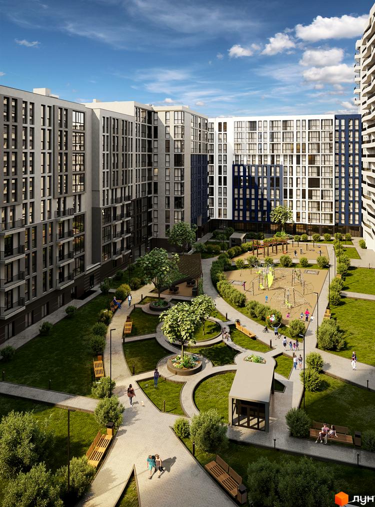 Вид на будівлі Житлового комплексу Washington City з прибудинковою територією: дитячий майданчик, зелені насадження, зони відпочинку.