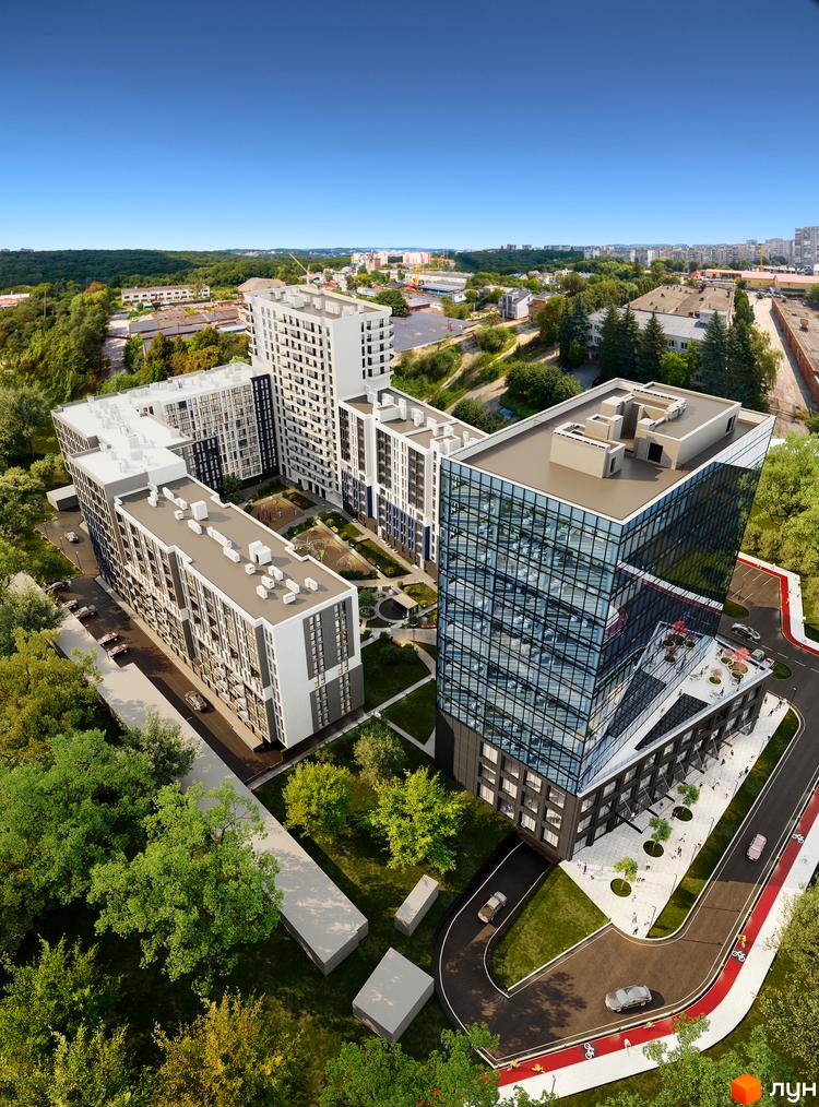 Житловий комплекс Washington City з багатоповерховими будинками та скляним офісним центром. Прибудинкова територія з зеленими зонами та доріжками для велосипедів.