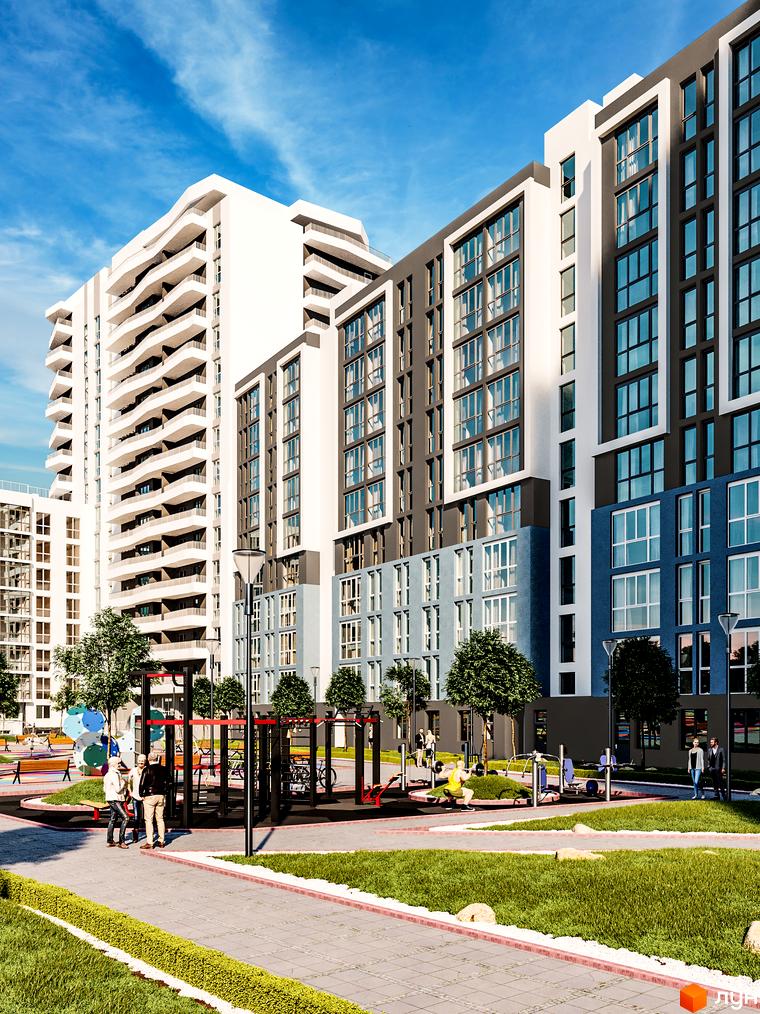 Житловий комплекс Washington City з білою та сірою фасадною обробкою, великими вікнами та балконами. На прибудинковій території розташований спортивний майданчик та зони відпочинку.