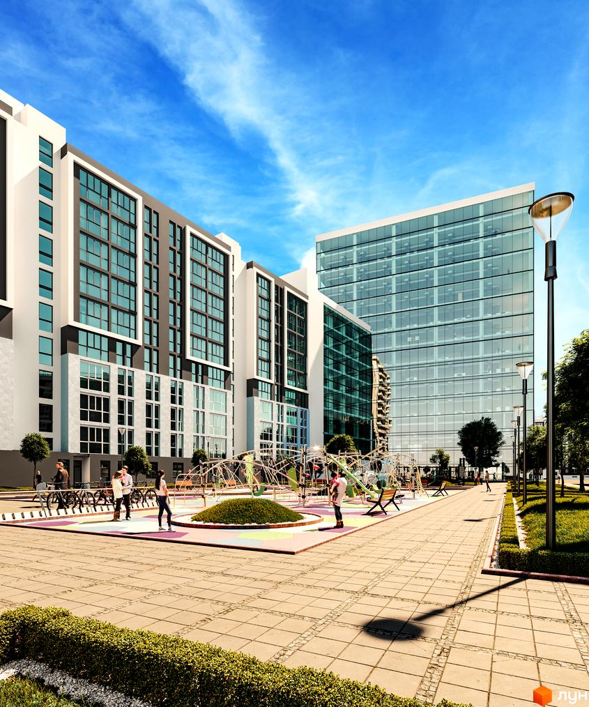 Житловий комплекс Washington City з сучасними будинками та облаштованою прибудинковою територією з дитячим майданчиком та зонами відпочинку.