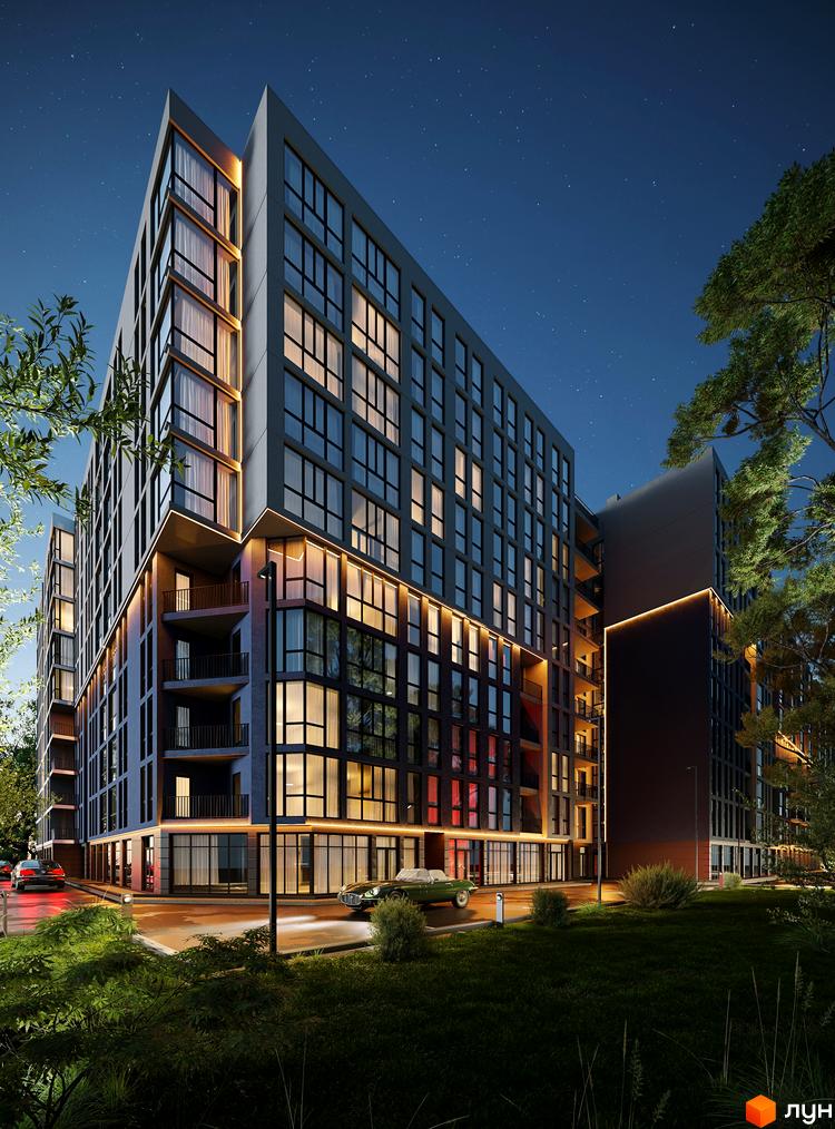 Житловий комплекс Washington City з багатою прибудинковою територією та зеленими насадженнями в нічний час.