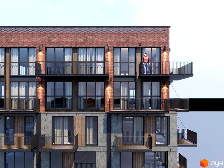 Фасад житлового комплексу Пространство на Инглези з цегляним оздобленням та балконами. Зовнішній вигляд новобудови з великими вікнами та сучасними елементами.