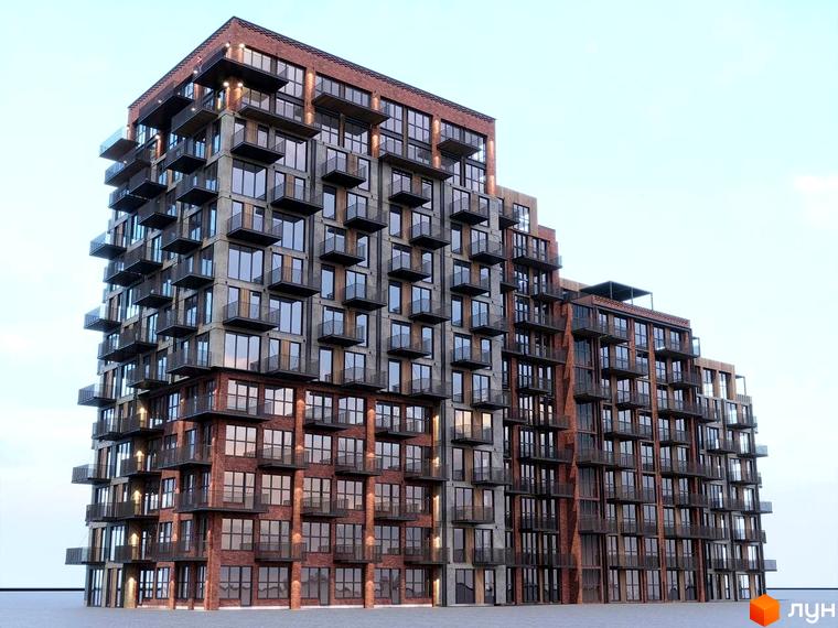 Зовнішній вигляд житлового комплексу Пространство на Инглези з цегляним та бетонним фасадом, численними балконами та великими вікнами.