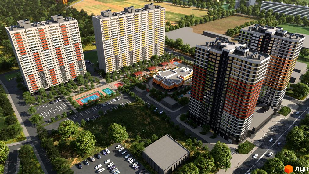 Житловий комплекс на Петлюри, 28: багатоповерхові будинки з кольоровими фасадами, парковки, спортивні майданчики та зелені зони.