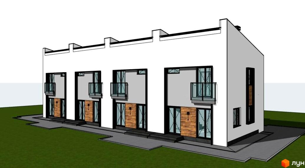 Котеджне містечко КМ Country Village - триповерхові будинки з балконами та великими вікнами, розташовані на зеленій ділянці з доріжками.