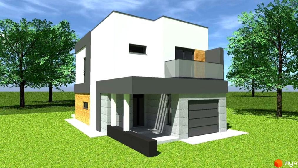 Двоповерховий будинок з білими стінами, сірим дахом та гаражем. Навколо будинку зелена трава та дерева, що створюють атмосферу спокою.