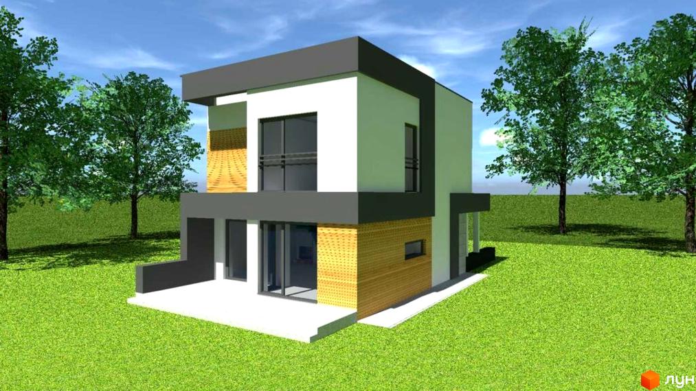 Зображення будинку в Котеджному містечку Country Village. Двоповерховий будинок з білими стінами, сірими акцентами та дерев'яною обробкою, розташований на зеленій галявині з деревами.