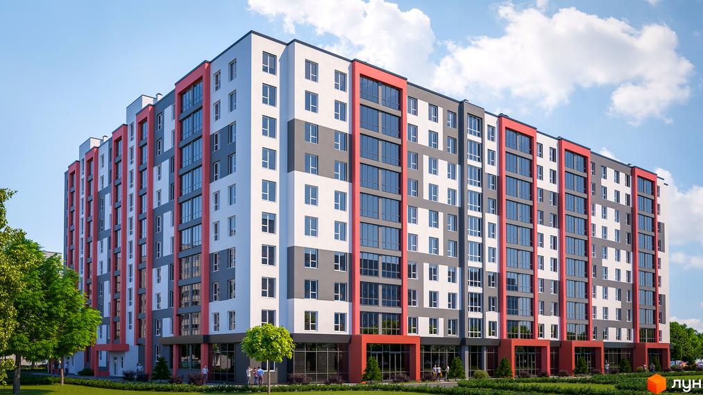 Зовнішній вигляд житлового комплексу Gloria з білими, сірими та червоними фасадами, великими вікнами та зеленим подвір'ям. Сучасна новобудова з прибудинковою територією.