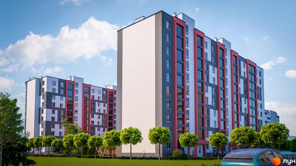 Житловий комплекс Gloria: фасади будівель у біло-сірих та червоних кольорах, вікна з темними рамами, зелена прибудинкова територія з деревами та газоном.