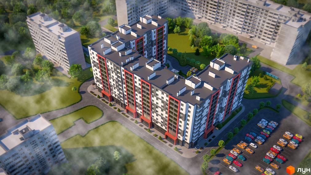 Комплекс Gloria з сірими та червоними фасадами, великою кількістю вікон та прибудинковою територією з парковкою та зеленими насадженнями.