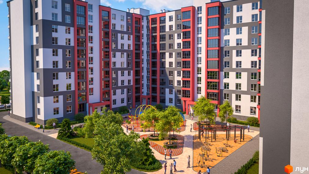 Зовнішній вигляд житлового комплексу Gloria з фасадами сірого, білого та червоного кольорів. На прибудинковій території розташовані дитячий майданчик та зона для спорту.