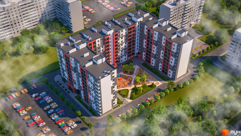 Житловий комплекс Gloria з фасадами сірого, білого та червоного кольорів. На прибудинковій території розташовані дитячий майданчик та парковка з автомобілями.