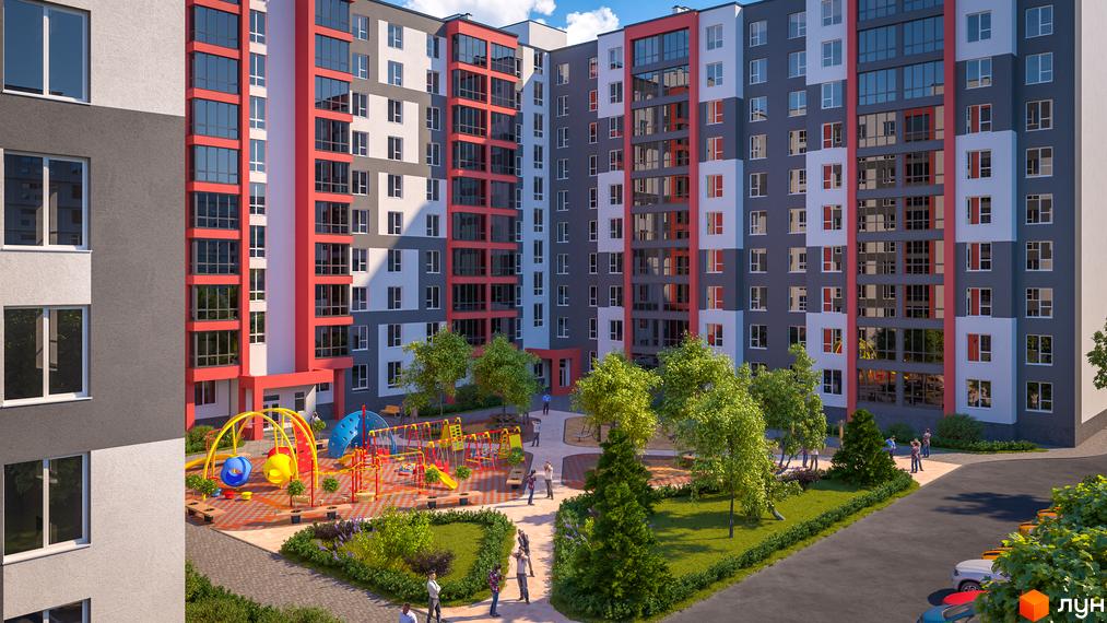Зовнішній вигляд новобудови ЖК Gloria з дитячим майданчиком та зоною відпочинку. Комплекс має багатоповерхові секції з червоними та сірими фасадами, великими вікнами та балконами.