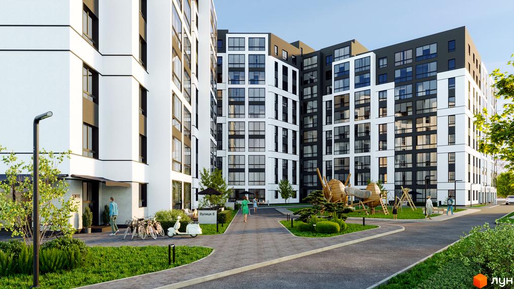 Житловий комплекс Атмосфера з білими фасадами та панорамними вікнами. На території комплексу є дитячий майданчик, зелені насадження та місця для відпочинку.