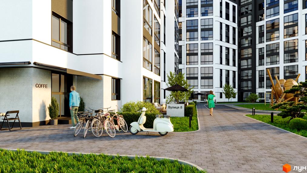 Житловий комплекс Атмосфера: фасади будівель та затишна прибудинкова територія з велосипедами та самокатом.