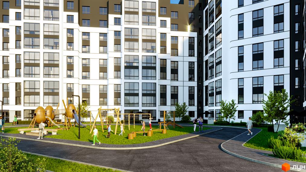 Високоповерховий будинок ЖК Атмосфера з білими фасадами та великими вікнами. На території комплексу дитячий майданчик з гойдалками та гірками, зелена зона.