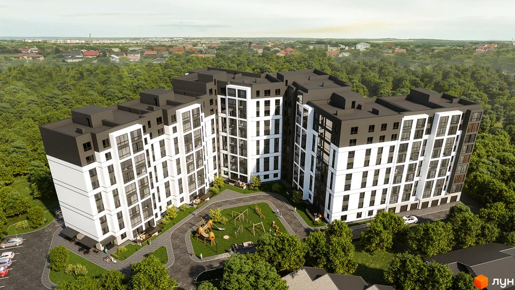 Житловий комплекс Атмосфера - це багатоповерхова будівля з біло-сірим фасадом, розташована серед зеленого ландшафту з дитячим майданчиком.