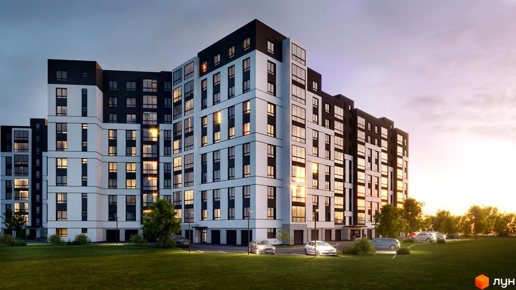 Висотна будівля ЖК Атмосфера з великими вікнами та чорно-білим фасадом. На прибудинковій території є парковка та зелені насадження.