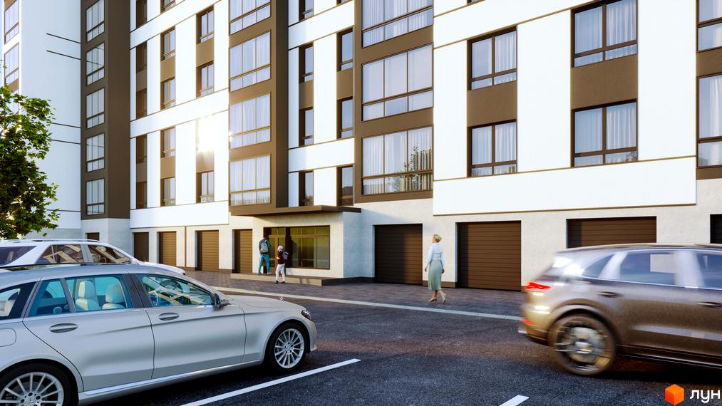 Зовнішній вигляд новобудови ЖК Атмосфера з сучасним фасадом та прибудинковою територією з автомобілями.