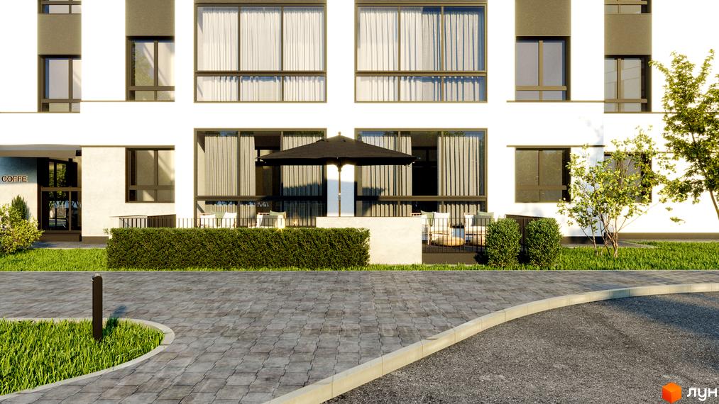 Зовнішній вигляд будинку ЖК Атмосфера з терасою та парасолькою, зеленою зоною та вимощеною доріжкою.