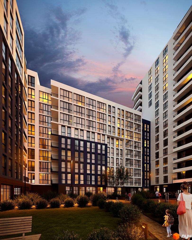 Житловий комплекс Washington City з фасадами світлих відтінків та великими вікнами. На території є зелені насадження та доріжки для прогулянок.