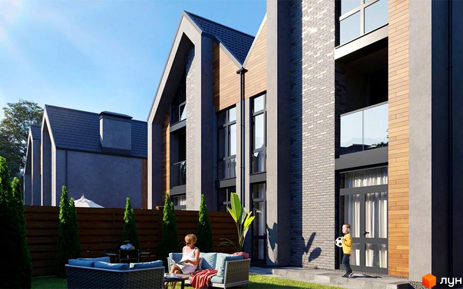 Зовнішній вигляд дуплексів Oscar premium з сірої цегли та дерева, з великими вікнами та зеленою прибудинковою територією. На подвір'ї розташовані диван та крісла для відпочинку.