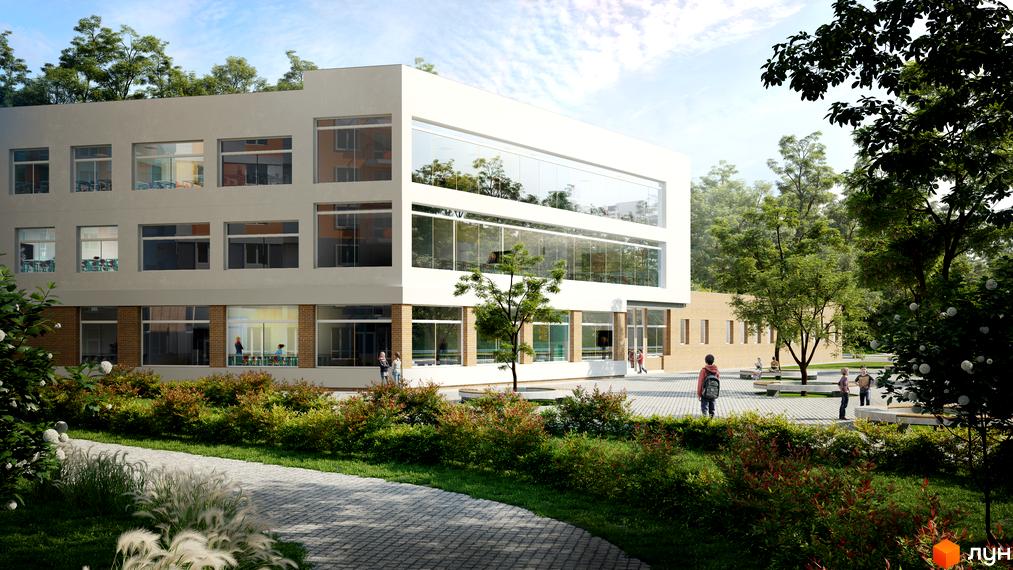 Житловий комплекс Orange City: триповерхова будівля з великими вікнами та цегляним цоколем. Навколо будівлі розташована прибудинкова територія з деревами, кущами та місцями для відпочинку.